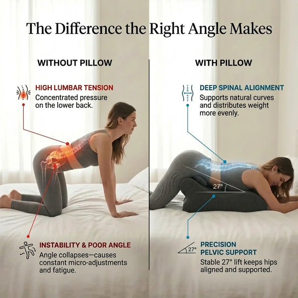 Senselle Intimacy Pillow Comparison Benefits like 27 degree angle hip lift, reduced back pressure and deeper alignment; Compared to stacking flat pillows